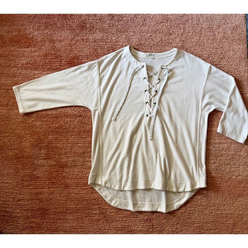 Madewell Lace Up 3/4 Sleeve Pullover Top Off White Casual Cotton Blend
